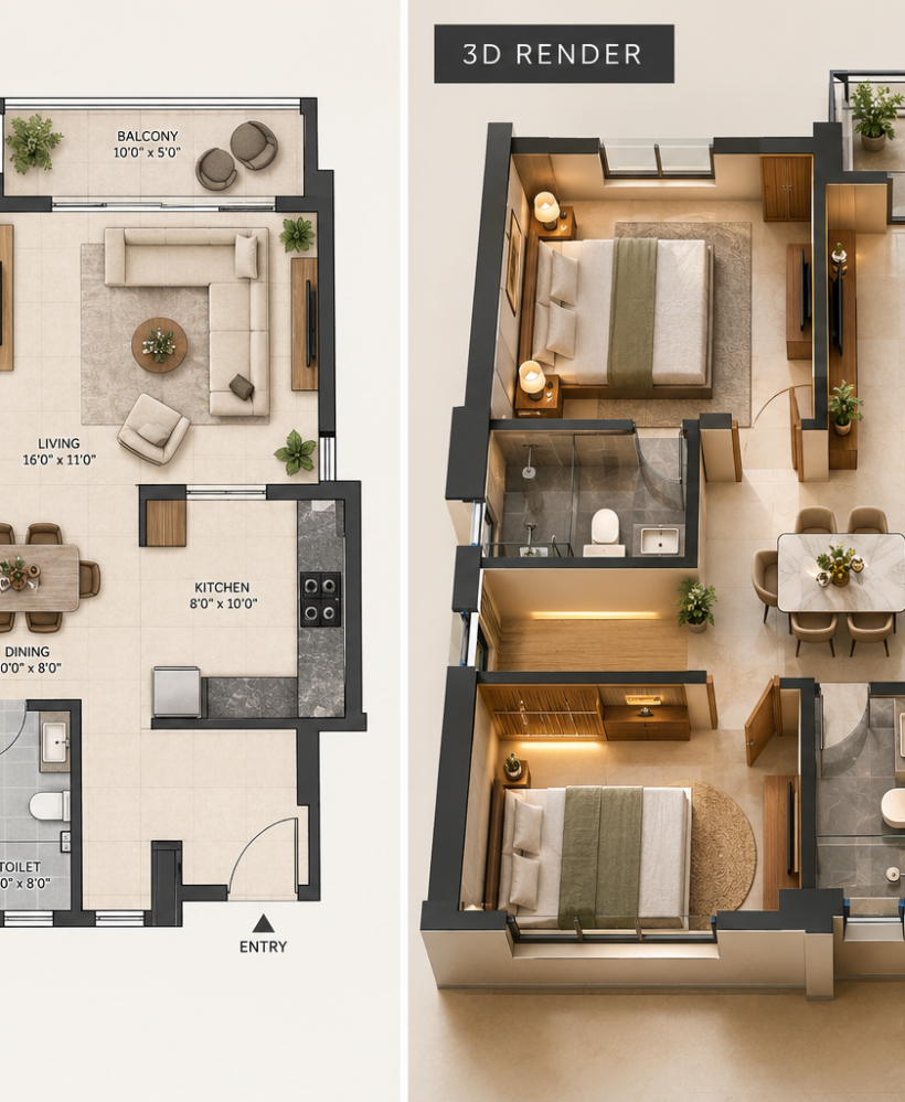 3D interior design render and floor plan of a 3BHK apartment