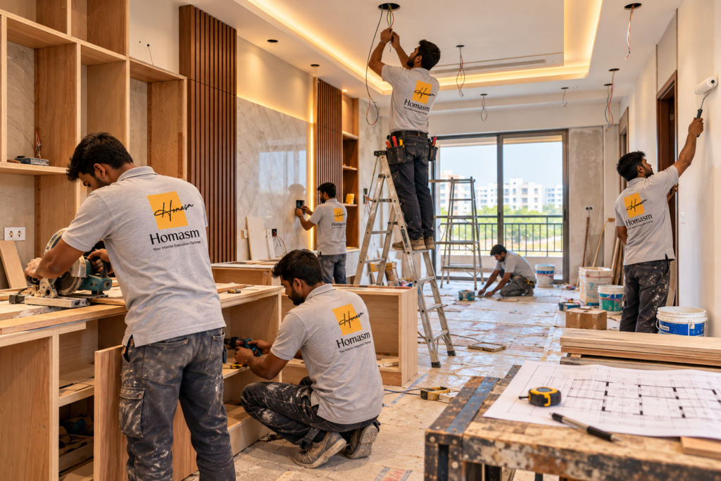 Turnkey interior execution team working on a Hyderabad home site