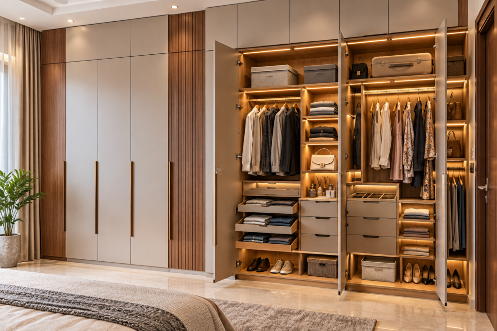 Bedroom wardrobe with loft and soft-close drawers