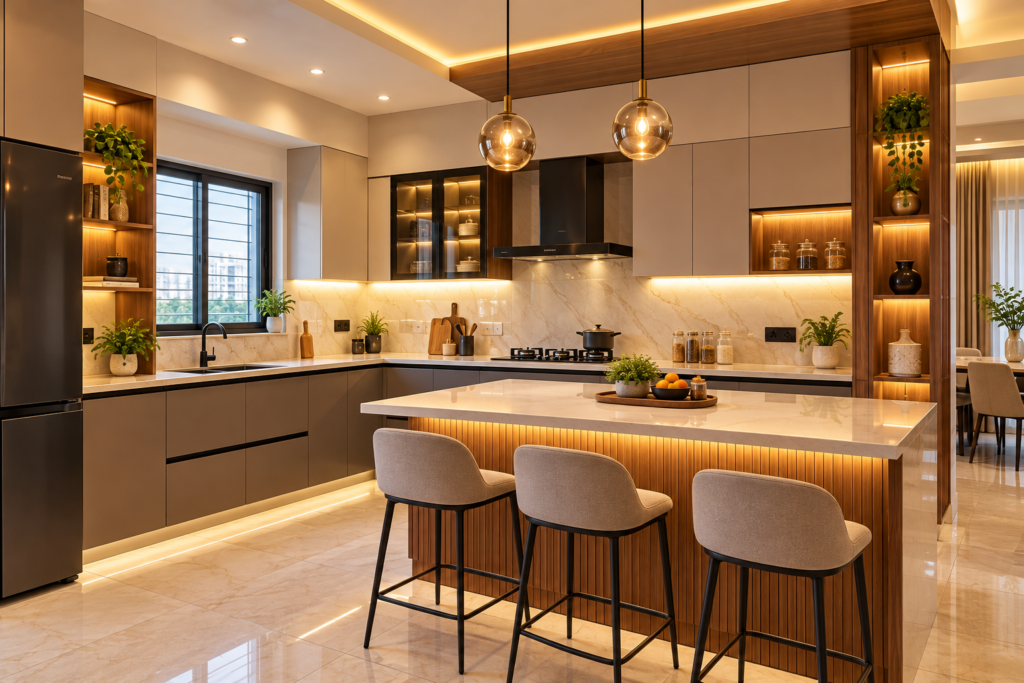Modular kitchen with premium finish / Bedroom wardrobe with loft and soft-close drawers