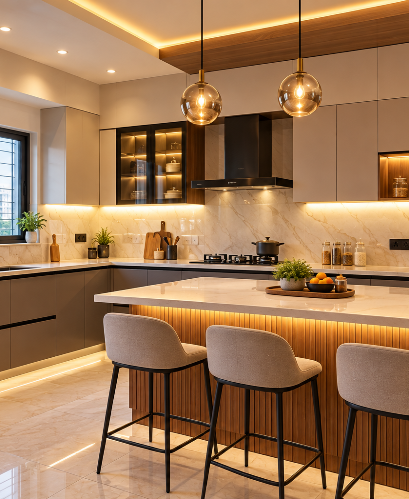 Modular kitchen with premium finish / Bedroom wardrobe with loft and soft-close drawers