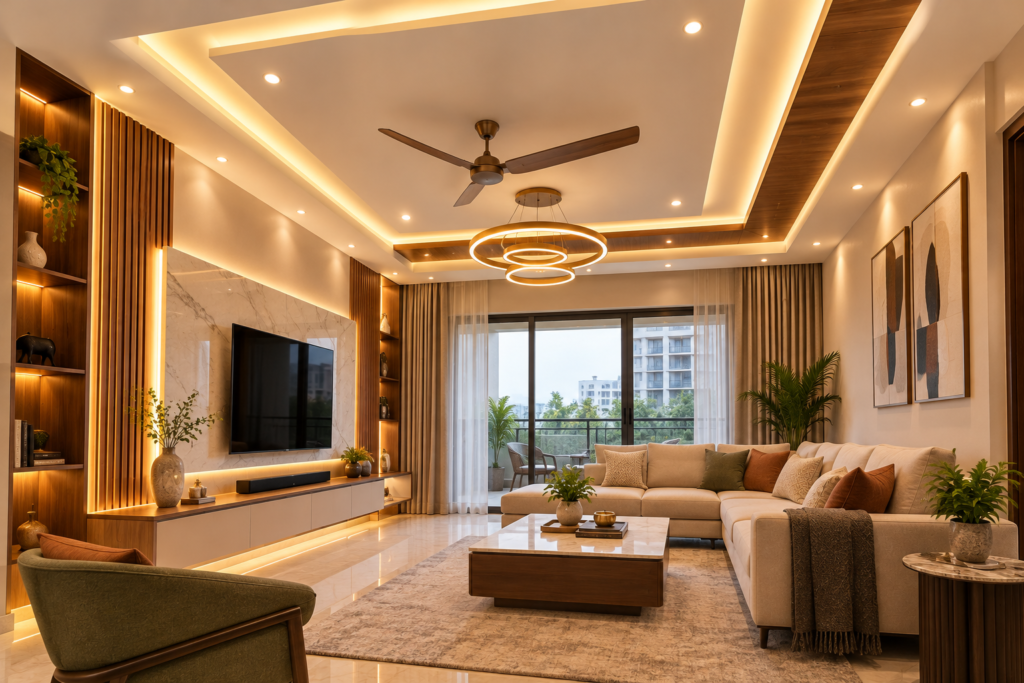 False ceiling with cove lighting in a modern living room