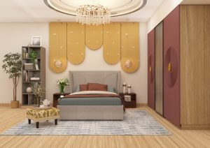 Modern bedroom with tufted headboard bed and arched wall paneling - Beautiful Homes